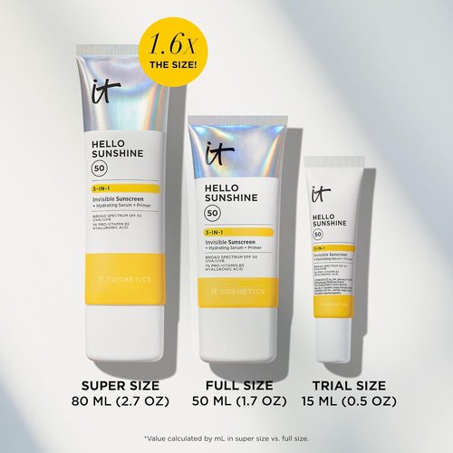 IT Cosmetics Hello Sunshine Invisible Sunscreen SPF 50 - Hydrating Serum & Makeup Primer with Pro-Vitamin B5 & Hyaluronic Acid - No White Cast, HSA/FSA Eligible