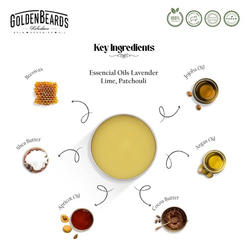 Golden Beards Organic Beard Balm - Shea, Cocoa & Argan Butter Blend with Lime & Patchouli | 60ml Vegan Softener