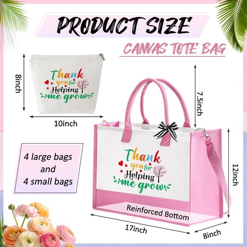 Hillban 4 Set Teacher Appreciation Valentines Gift Bulk Thank You Teacher Tote Bags Embroidery Inspirational Cosmetic Bag for Women (Pink,Purple)