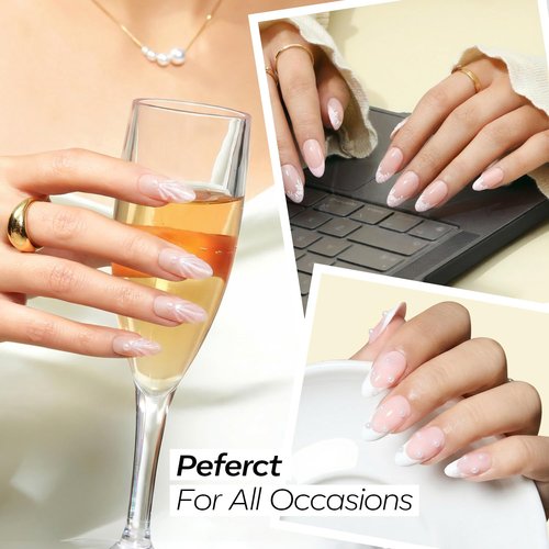 Modelones French Tip Press on Nails Almond, Short Almond Fake Nails, Semi-Transparent Soft Nail Kit with Nail Glue Adhesive Tabs Nail File, Spring Nails Press Ons 30Pcs 15 Sizes, Pink Flower