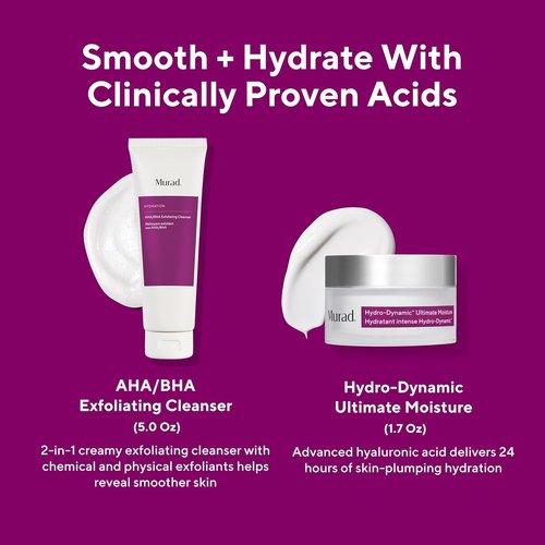 Murad Smooth + Hydrate Set | 2 Full-Sized Products for Exfoliation & Hydration - AHA/BHA Cleanser 5.0 Fl Oz, Hydro-Dynamic Moisture 1.7 Fl Oz