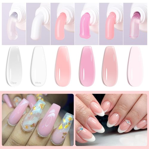 Makartt Poly Nail Gel Kit, 6 Pcs Clear Pink White Colors Builder for Extension Set, Long Lasting Hard Gel for Nails Strengther, All in One Kit Slip Solution Salon Home French Manicure