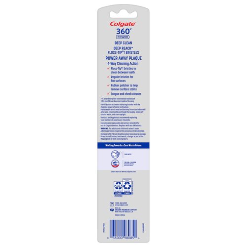 Colgate 360 Power Deep Clean Battery Operated Sonic Toothbrush, Soft Adult Toothbrush, Includes 1 AA Battery, Rubber Polisher, and Tongue and Cheek Cleaner
