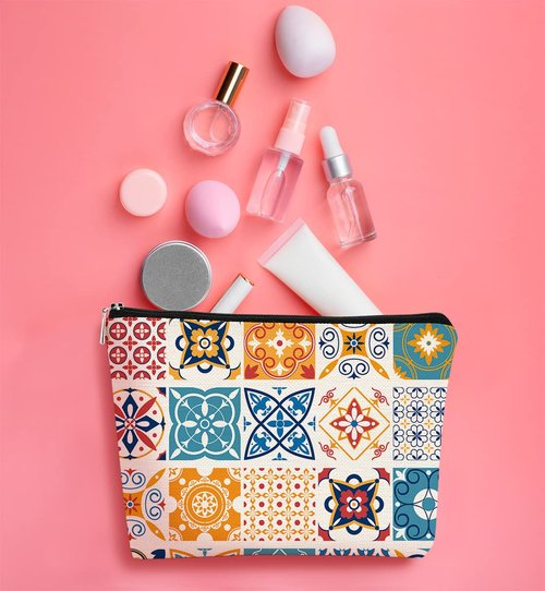 Retro Portuguese Talavera Tiles Makeup Bag,Mandala Vintage Flowers Cosmetic Bag Best Gift Idea for Sister Girls Girlfriend Wife Mom,Birthday Christmas Valentine's Day Gift Makeup Bag