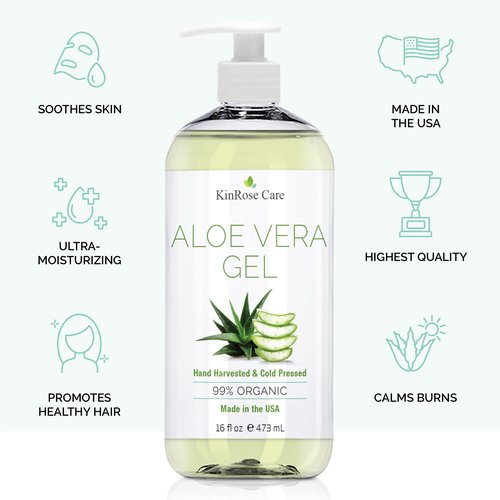 KinRose Care, 16oz Organic Aloe Vera Gel for Face, Skin, Hair & Sunburn Relief - From 100 Percent Pure Aloe Vera - Cold Pressed, Vegan, Unscented - Made in USA.