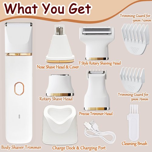 Bikini Trimmer for Women, 5-in-1 Electric Razors Shaver, IPX7 Waterproof Cordless Body Hair Trimmer, Rechargeable Facial & Pubic Hair Remover, Ceramic Blade Bikini Shaver, Gifts for Women (White)