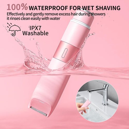 Bikini Trimmer for Women - 2 in 1 Painless Electric Razors for Women, IPX7 Waterproof Rechargeable LED Dual Head Electric Shaver for Lady Bikini Underarm, Body, Leg, Face Hair Remove (Light Pink)