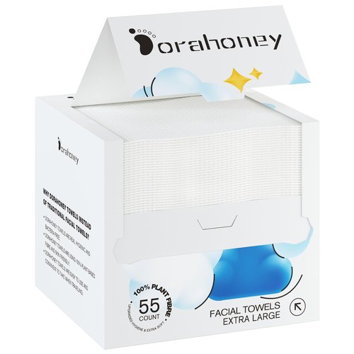 Dorahoney Disposable Face Towels, 12"×12" Extra Large Face Towelettes, Ultra Soft Facial Towels for Sensitive Skin, Makeup Remover Dry Wipes, 55 Count (1 Pack)