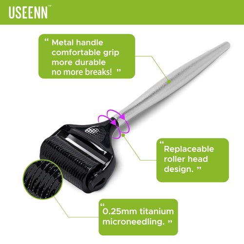 USEENN Ultra Wide Titanium Derma Roller for Face Hair Beard Scalp Skin Body Metal Handle 1200 Microneedling roller for Women and Men 0.25mm