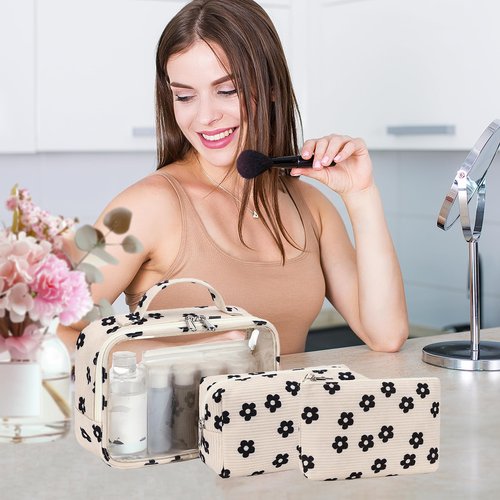 Bluboon 3Pcs Makeup Toiletry Bag for Women, Clear Packing Cubes Cosmetic Bag for Travel Women With Zipper Travel Essentials (Corduroy Floral 95)