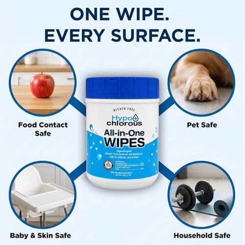 Hypochlorous Acid Wipes - 100 Count Non-Toxic Skin & Home Cleaner | Bleach-Free, Safe for Babies & Pets