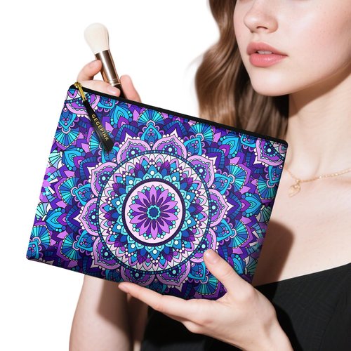 GEGEPINK Cute Makeup Bag for Purse Waterproof Cosmetic Bags for Women Funny Smooth Zipper Travel Toiletry Pouch 10X8 Inches-Purple Mandala Makeup pouch