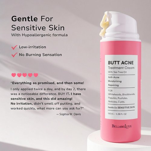 BellamiLuxx Butt Acne Clearing Treatment Cream: Body Acne Treatment for Folliculitis and Pimples on Buttocks, Thighs, and Body with 2% Salicylic Acid & Tea Tree Oil - Butt Cream for Smooth Skin