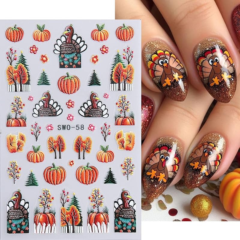 Fall Nail Stickers 3D Pumpkin Maple Leaves Thanksgiving Nail Decals - Orange
