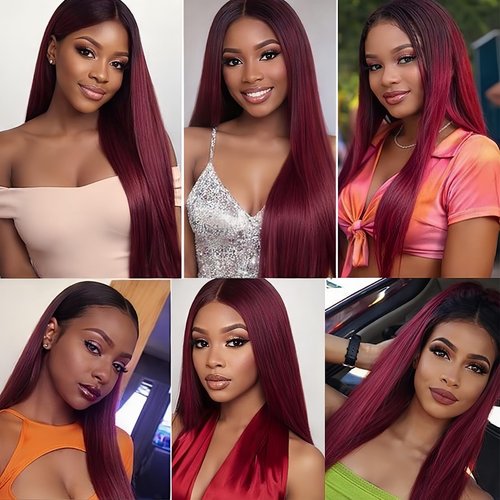 LUMWAV T1B/99J Straight Human Hair Bundles 10 12 14 Inch 3 Bundles Brazilian Virgin Remy Hair Extensions Ombre Burgundy Red Double Weft Weave for Black Women