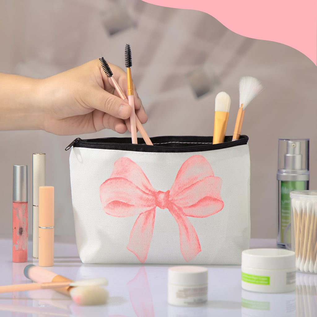 Yeyeplum 6 Pcs Pink Bow Makeup Bag Gifts for Women Coquette Bow Cosmetic Bag Bulk Preppy Travel Makeup Pouch Aesthetic Portable Versatile Zipper Pouch Birthday Gifts(Classic Style)