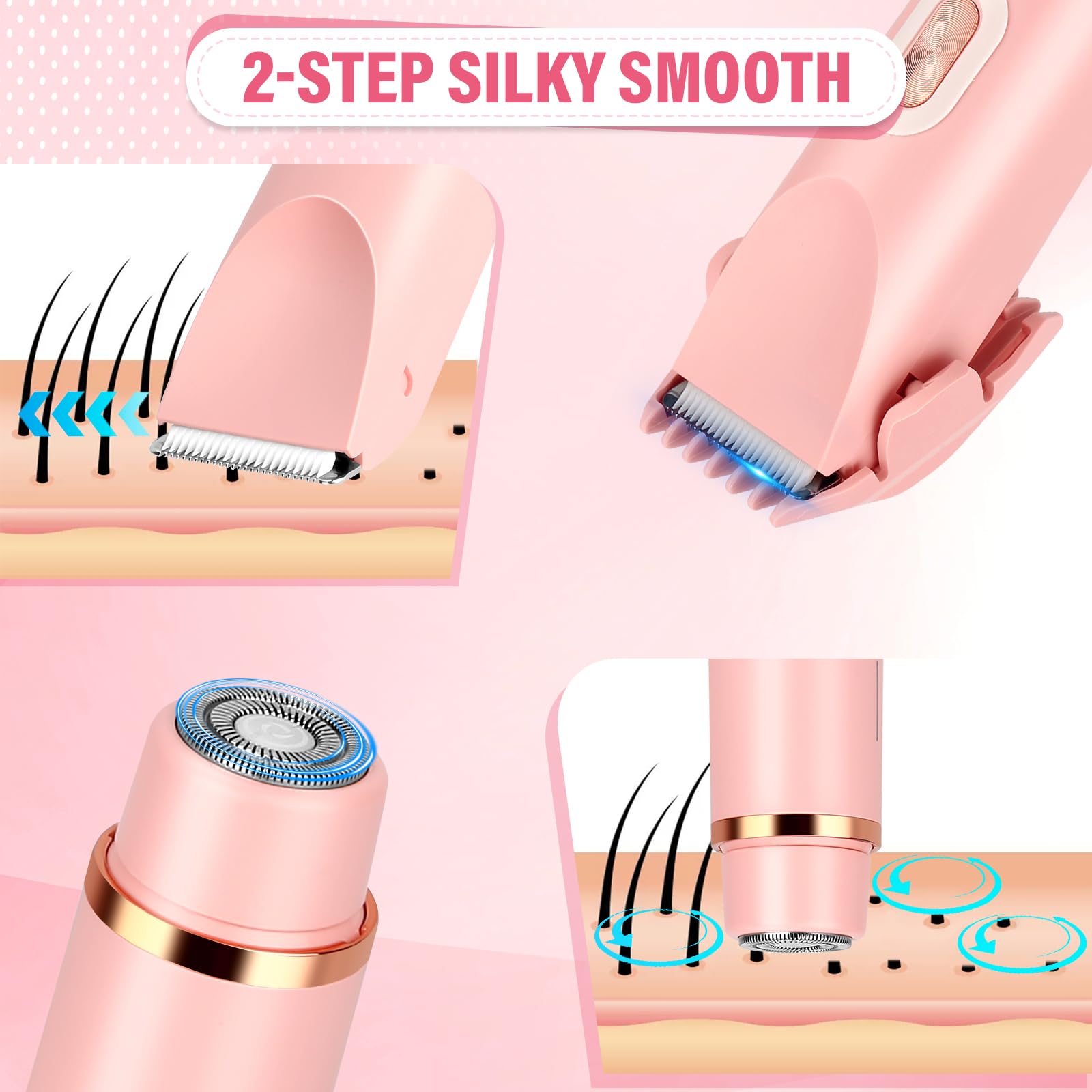 Women's Bikini Trimmer, 2-in-1 Electric Shaver for Bikini Line, Legs, Underarms, Face - Waterproof Women's Electric Shaver for Sensitive Skin, USB Rechargeable (Pink)