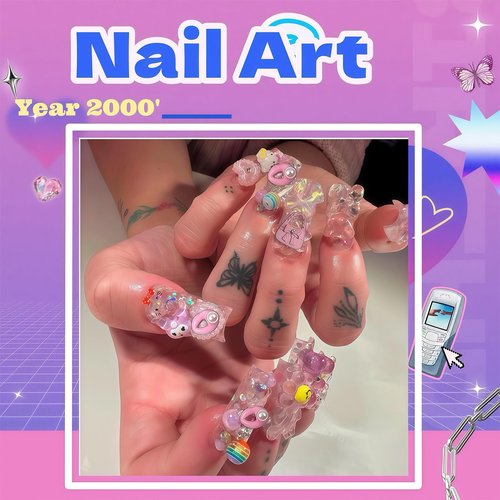 Pizadix 84 pcs 3D Gold Pink Nail Charms Y2K Set Cute Nail Charms with Stars, Crowns, Crosses,Bins,Lollipops, Lips, Bottles, Cups, Perfume, Lipsticks, Bags, and Heels for Nail Art