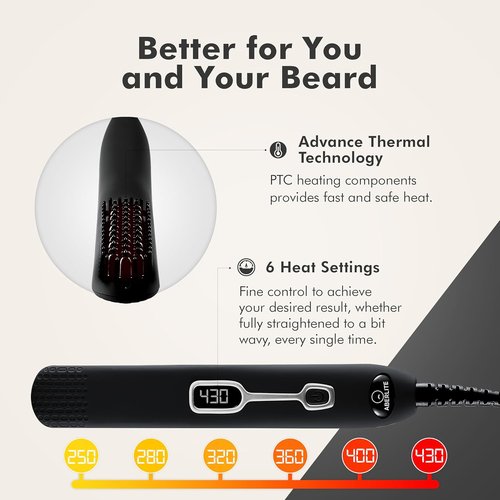 Aberlite EDC Heated Beard Straightening Brush - Professional Grooming Tool for 0.5 Inch+ Beards | Black