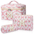 Junesters Personalized Initial Makeup Bag Set, Quilted Makeup Bag, Large Floral Cosmetic Bag for Women, Cute Cotton Custom Make up Bags, Flower Travel Toiletry Bag Teen Girl Gift Trendy Stuff Gift M