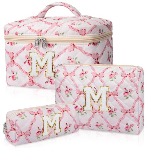 Junesters Personalized Initial Makeup Bag Set, Quilted Makeup Bag, Large Floral Cosmetic Bag for Women, Cute Cotton Custom Make up Bags, Flower Travel Toiletry Bag Teen Girl Gift Trendy Stuff Gift M