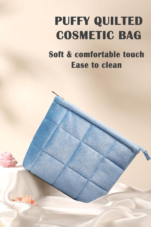 Skiennix Puffy Quilted Makeup Bag - Stylish Travel Toiletry Organizer Pouch | Sky Blue Velvet