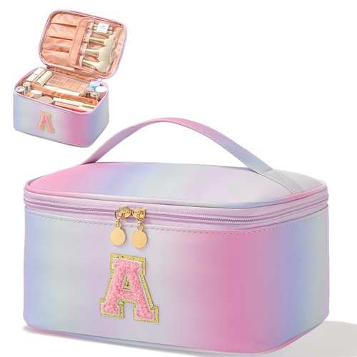 Meiyuuo Large Makeup Bag Portable Preppy Rainbow Colour Travel Pro Cosmetic Pouch Cute Cow Print Personalized Toiletry Organizer with Removable Divider for Women Initials Letter A Gradient Pink