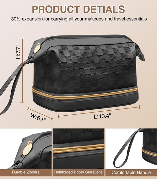 Hairao Toiletry Bag for Women, Large Makeup Bag with Double Layer Design, Waterproof Checkered Makeup Organizer Bag, PU Leather Cosmetic Travel Bag with Brush Compartment, Black