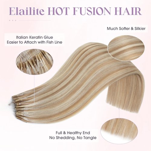 Elailite K Tip Hair Extensions Human Hair Real Remy Hair Golden Brown & Bleach Blonde 14 Inch U Tip Ktip Utip Keratin Bond Hot Fusion Pre Bonded Hair Extensions for Women 50G 50Strands