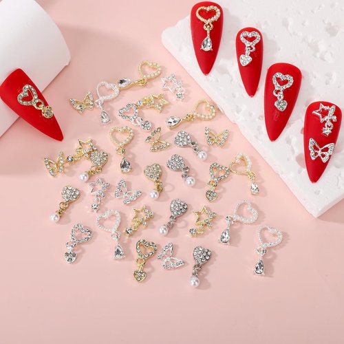 BJRSPGLS 40Pcs Heart Dangle Nail Charms Nail Rhinestones and Gems,Silver Gold Nail Jewels Charms Diamonds Stones for Nail Art,Valentines Love Star Dangling Nail Jewelry for Nails Design Variety