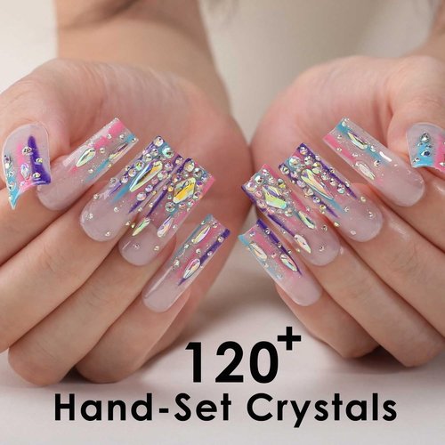 MqpQ Long Square Press On Nails With Rhinestones Luxury Rainbow Extra Fake Nails 24pcs Glossy Full Cover False Nails For Women And Girls