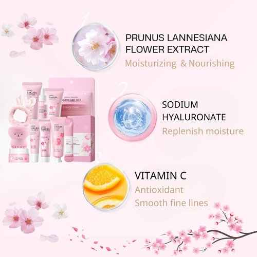 Japan Sakura Skin Care Set for Teen Girls - Evolvique Skin Care for Teens 10-12 - Skincare for Girls 10-12 - Skin Care Kit Gift Set for Women with Cleanser,Serum,Cream(One Size, 8PCS Sakura Scent)