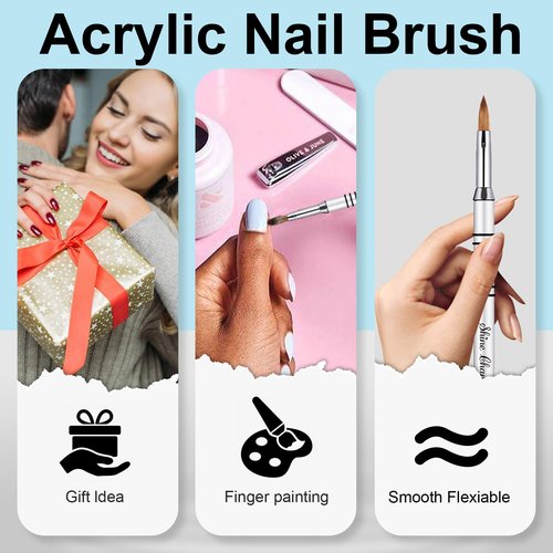 Shine Chance 3Pcs 3D Nail Brushes Set Size 2 4 5, Kolinsky Hair Acrylic Flower Nail Art Brush, Art Design & Polish Mistake Cleaning Manicure Tools for Women Acrylic Application, Silver