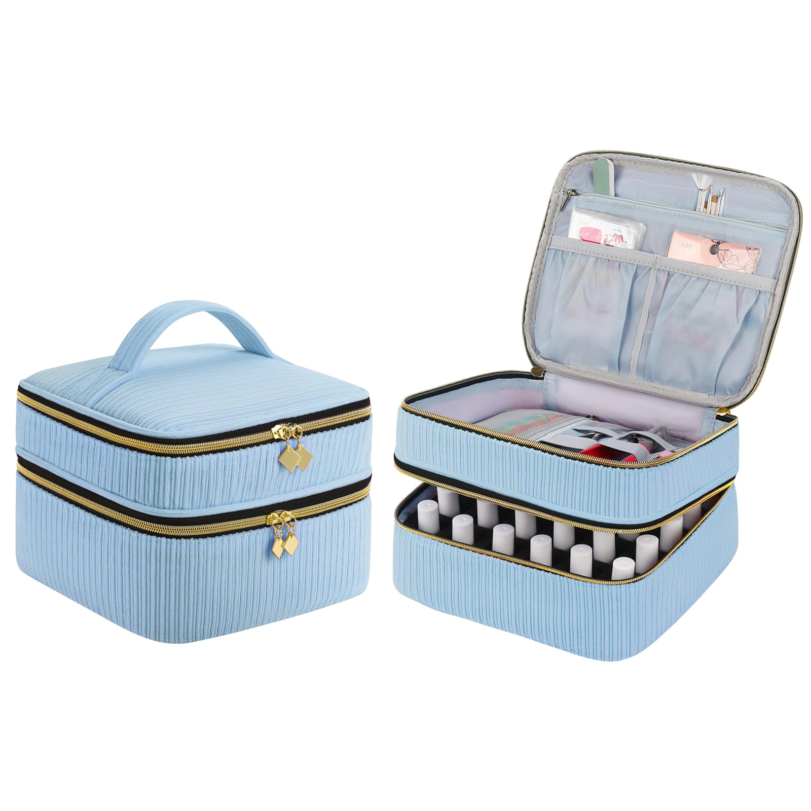 ZFZGFRCS Nail Polish Organizer- Holds 30 Bottles, Nail Organizers and Storage Double-Layer Nail Bag Organizer Case Nail Polish Holder with Handle, Nail Kit Organizer for Manicure Tools (Blue)