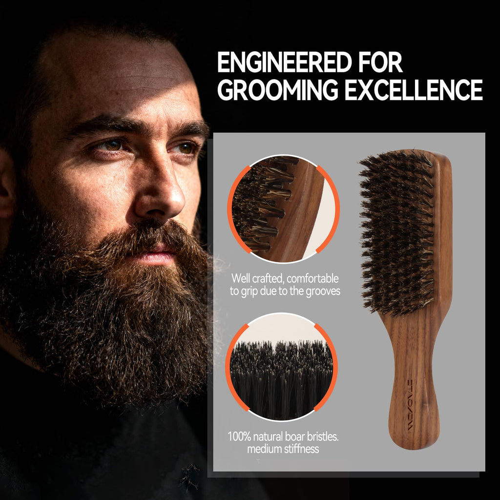 Walnut Wood Boar Bristles Beard Brush Kit for Men, Beard Grooming & Hair Styling Quiff, Pompadour, Slicked-back, Undercut, Straightens & Promotes Beard Growth - Works with Beard Oils and Balms