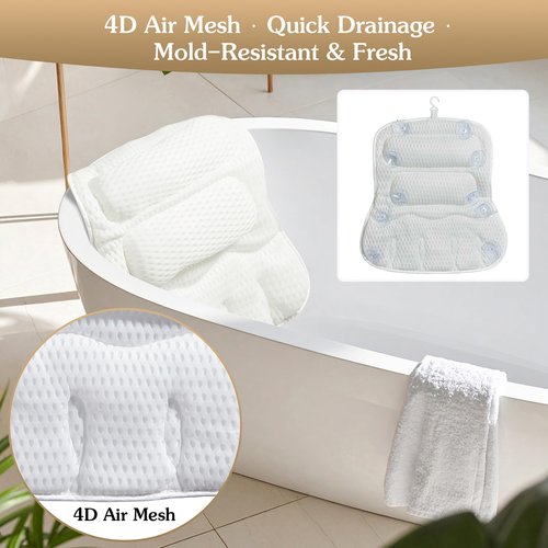 Suvast Luxury Bath Pillow for Tub, Dual Headrest & Back Support, 4D Air Mesh Quick-Dry Cushion, 10 Strong Suction Cups, Extra-Large Spa Bathtub Pillow Gift for Women(White)