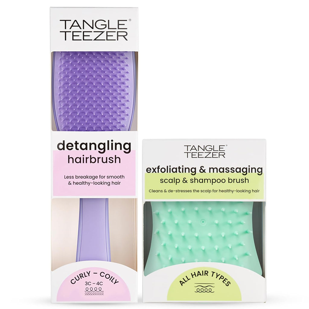 Tangle Teezer Ultimate Detangler Hairbrush - Scalp Massager Bundle for 3C to 4C Curly Hair | Purple & Mint