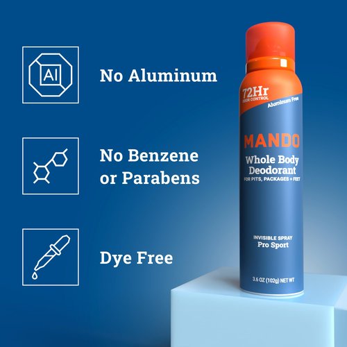 Mando Whole Body Deodorant For Men - Invisible Spray Deodorant - 72 Hour Odor Control - Low Irritation Formula - Aluminum Free, Benzene Free - 3.6 ounce Can - Pro Sport