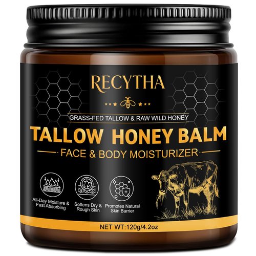 Beef Tallow for Skin, Tallow and Honey Balm, Organic Grass-Fed Beef Tallow + Raw Wild Honey, Jojoba Oil, Face & Body Moisturizer for Dry/Sensitive Skin, Deep Nourishing Natural Formula, Light Scent