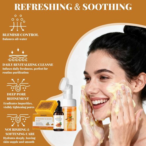 IGYWYN Turmeric Face Wash & Skincare Set - Infused Oil, Soap Bars & Facial Cleanser with Brush - Helps Balance Oil & Gentle Cleansing, Facial Cleanser Kit for Women & Men
