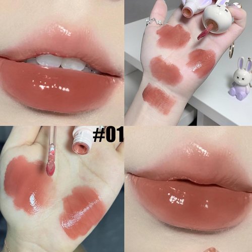 Skiennix 3Pcs Rabbit Keychain Jelly Lip Glaze - Moisturizing 2-in-1 Lip Glow Gel & Sparkling Lip Gloss Set