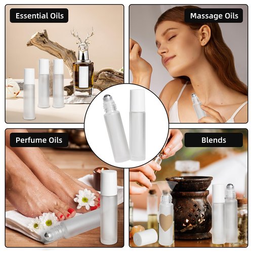 AGZHTYJQ 10ML Glass Essential Oil Roller Bottles,24 Pack Clear Frosted Oil Roller Bottles for Essential Oils, refillable rollerball bottle(24 Labels, Opener, Funnel, Dropper Included)