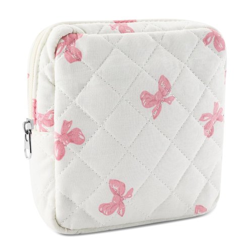 Tmtains Small Quilted Cotton Makeup Bag for Purse Mini Cosmetic Period Bag for Women Cute Pink Bow Makeup Sanitary Pouch Portable Travel Toiletry Bags with Zipper Valentine Birthday Gifts