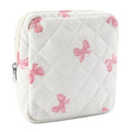 Tmtains Small Quilted Cotton Makeup Bag for Purse Mini Cosmetic Period Bag for Women Cute Pink Bow Makeup Sanitary Pouch Portable Travel Toiletry Bags with Zipper Valentine Birthday Gifts