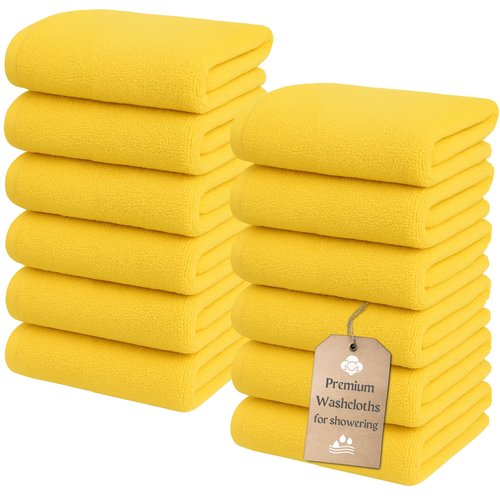 The Towels Haven Luxurious Wash Cloths for Showering [13x13] - Thick, Soft, 100% Cotton Washcloths [Pack of 12] Absorbent Face Towels for Bathroom, Gym, and Spa Ideal for Daily Skincare (Yellow)