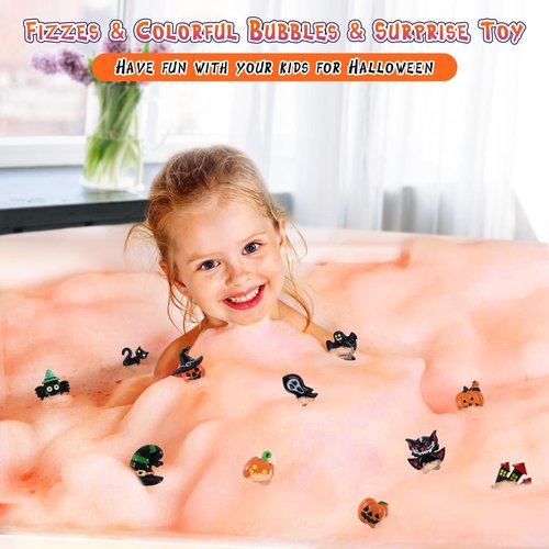 Halloween Gifts for Kids - 16pcs Halloween Bath Bombs for Kids with Toys Inside Halloween Party Favors Goodie Bag Fillers Bubble Bath with Spooky Pumpkin Bath Bombs