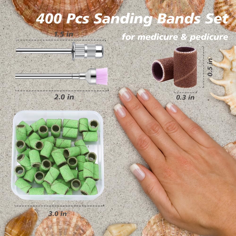 Yreihn 400 Pcs Sanding Bands for Nail Drill with 4 Mandrel Bits for Manicure and Pedicure, 60/80/100/120/150/180/240/320 Grit