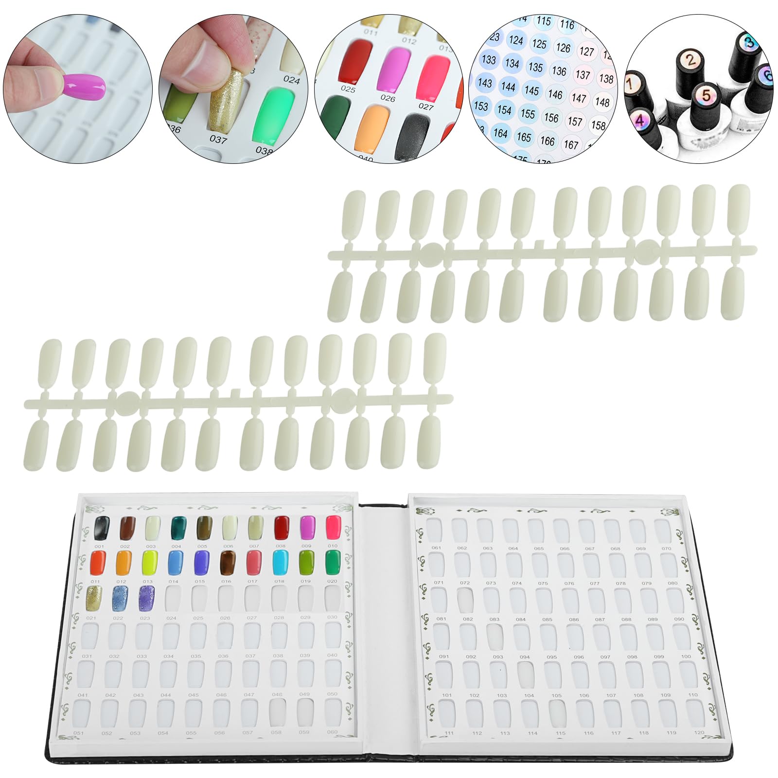 vnjaoi 120 Nail Color Chart Display Book, Plastic Nail Swatches Nail Gel Color Card with 240PCS Natural Colours Replacement Nails Nail Art for Nail Salons, DIY Nail Art at Home (Black)