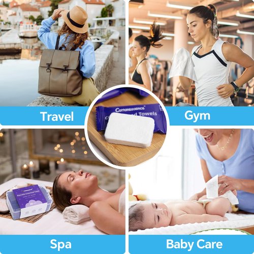Premium Compressed Towels (50 Pack)-9.4" x 11.8", Portable Cotton Coin Tissues, Disposable Washcloths, Face Towels for Travel, Beauty, Camping, Hiking, Outdoor Activities