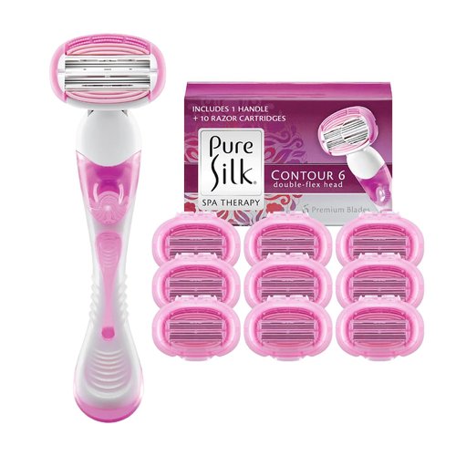 Pure Silk Women's Shaving Kit, Contour 6 Premium System Razor, Includes Razor Handle, 10 Contour 6 Blade Cartridge Refills, Shower Tray